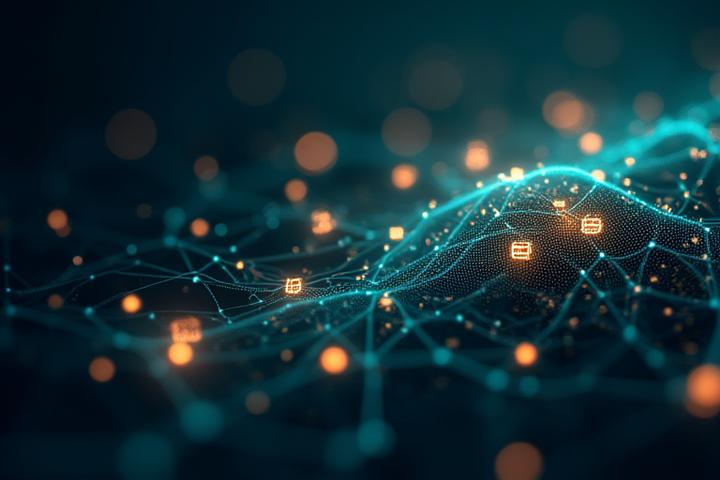 Abstraktes Bild eines neuronalen Netzes, das mit intelligenten Prozess-Icons verbunden ist und die Verflechtung von AI und Geschäftsprozessen symbolisiert.