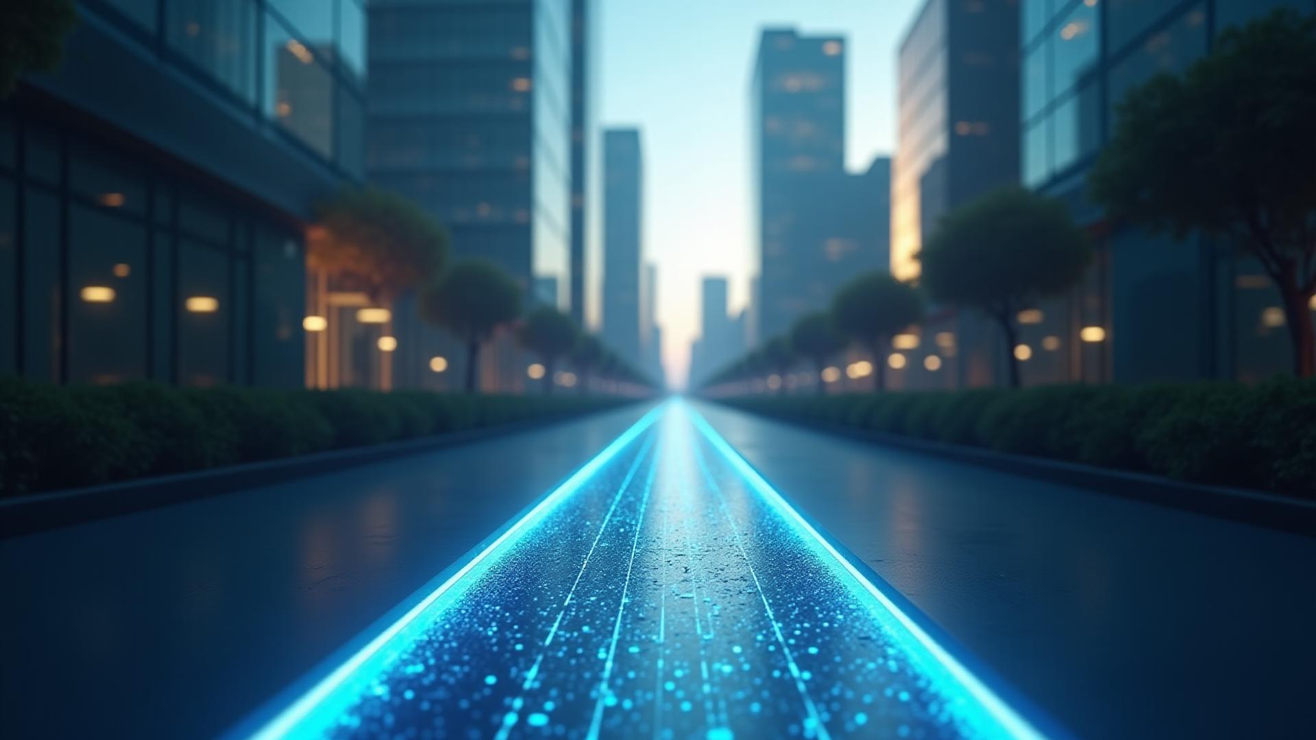 Weggabelung mit einem klaren, digitalen Pfad in die Zukunft, symbolisiert strategische Entscheidungen für digitale Transformation