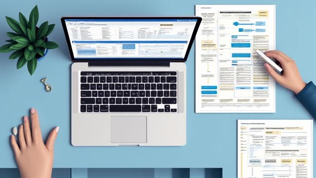 Schreibtisch mit Diagrammen und Laptop für Workflow-Automatisierung