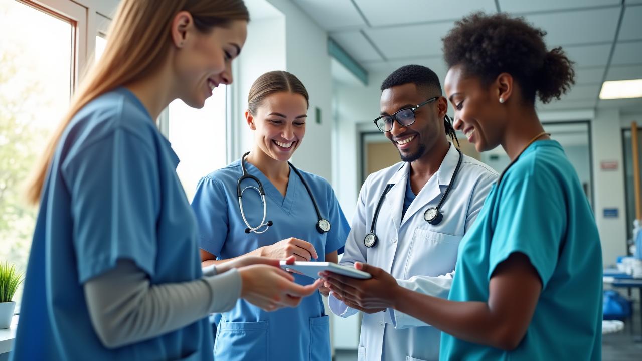 Moderne, helle Klinik mit medizinischem Fachpersonal, das sich um Patienten kümmert, symbolisiert Effizienz und Fürsorge.